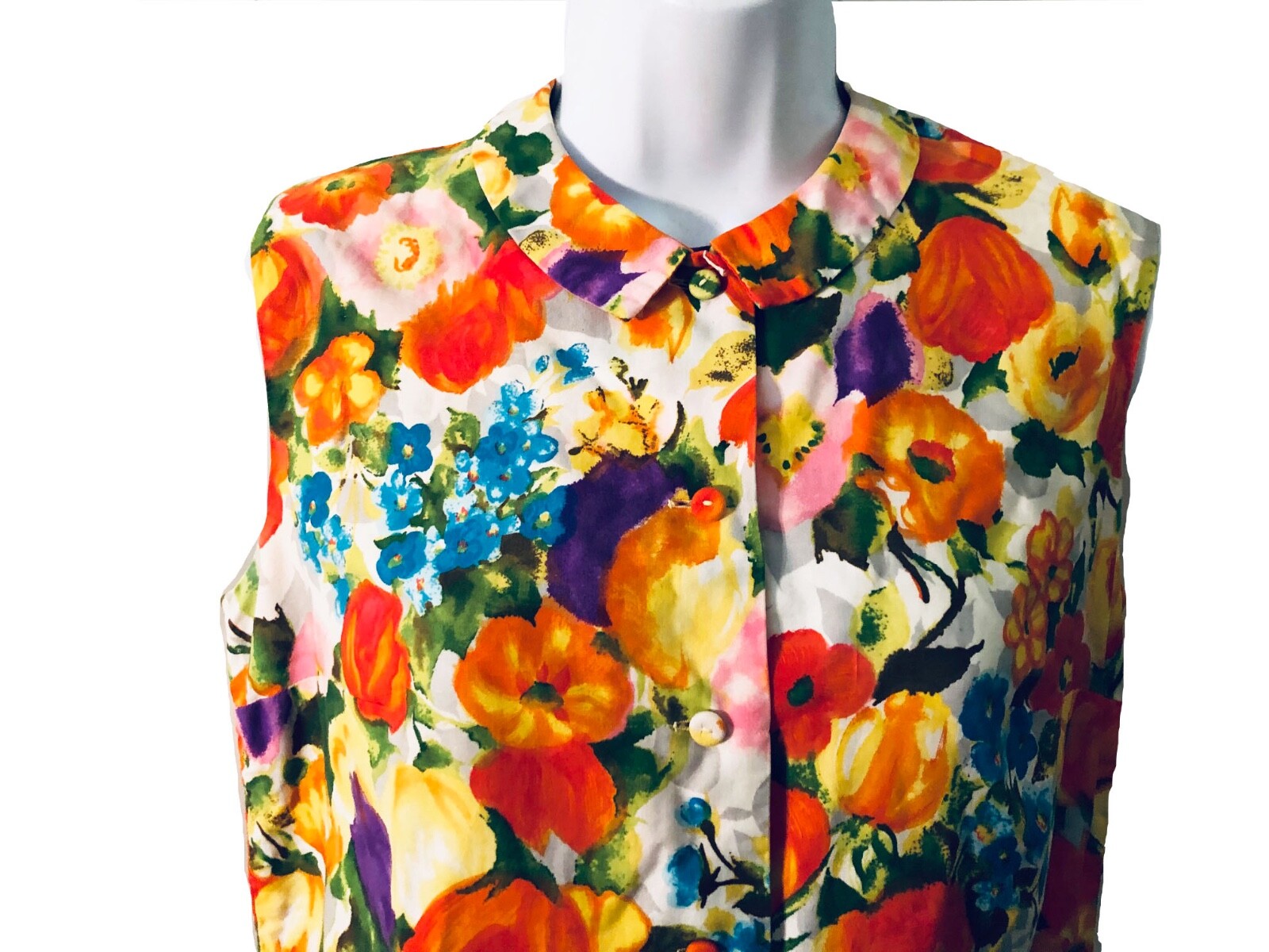 McMullen Floral 60s VTG sleeveless Bright cotton Peter Pan Collar Prep blouse 12