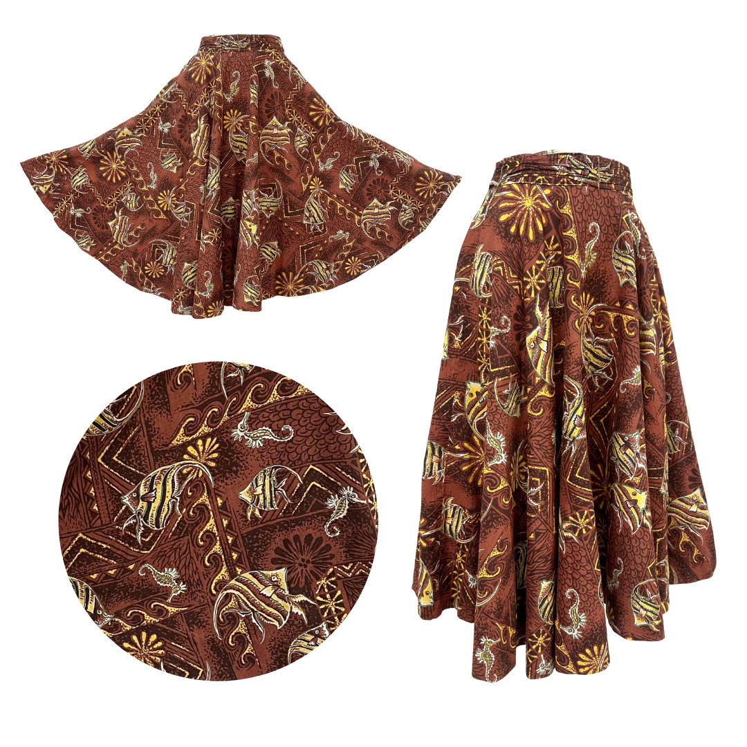 Vintage 1950s Alfred Shaheen Brown Angel Fish Seahorse JUNIORS Skirt