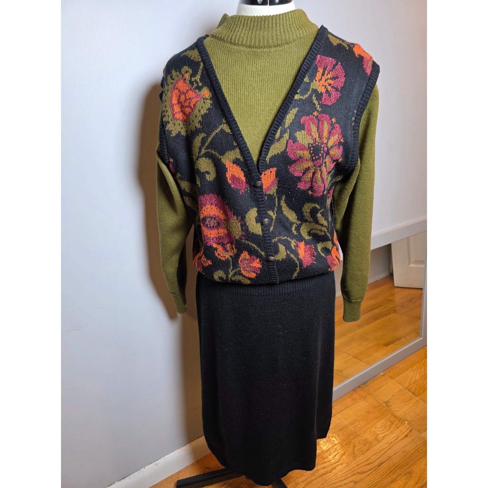 Darian Vintage Floral Knit Midi Dress Layered Vest Mock Neck Boho Cottagecore