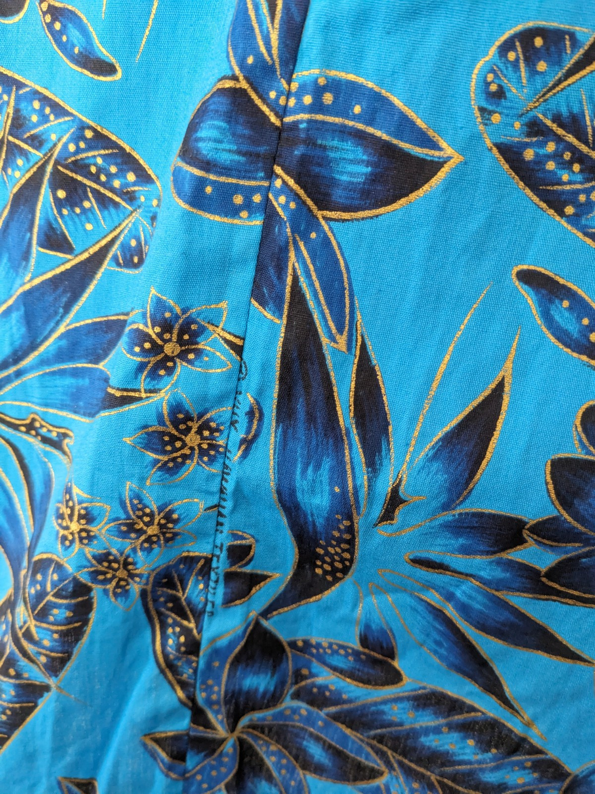 Vintage 60s 70s House of MuuMuus Waikiki Hawaiian Dress Gold blue navy ties XS