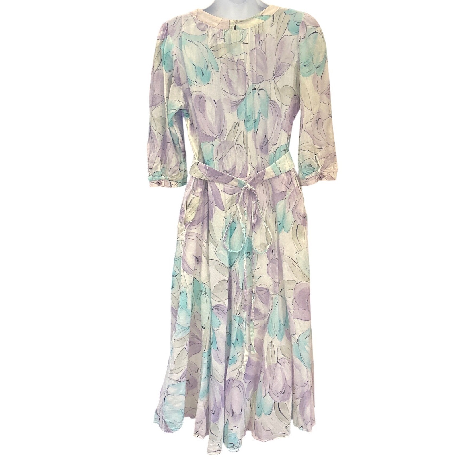 80s Peter Hahn Cotton Midi Dress Watercolor Floral Cottagecore Romantic Garden