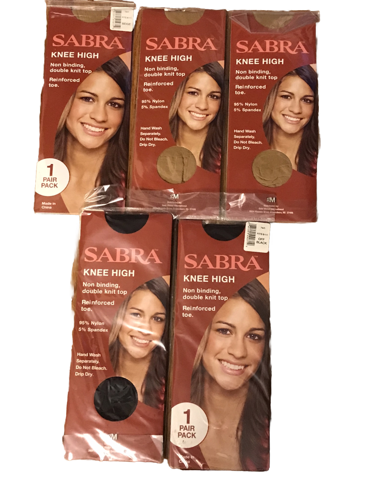 VTG Sabra Knee High 5 Pair Set Nylon Spandex New Off Black Beige Double Knit