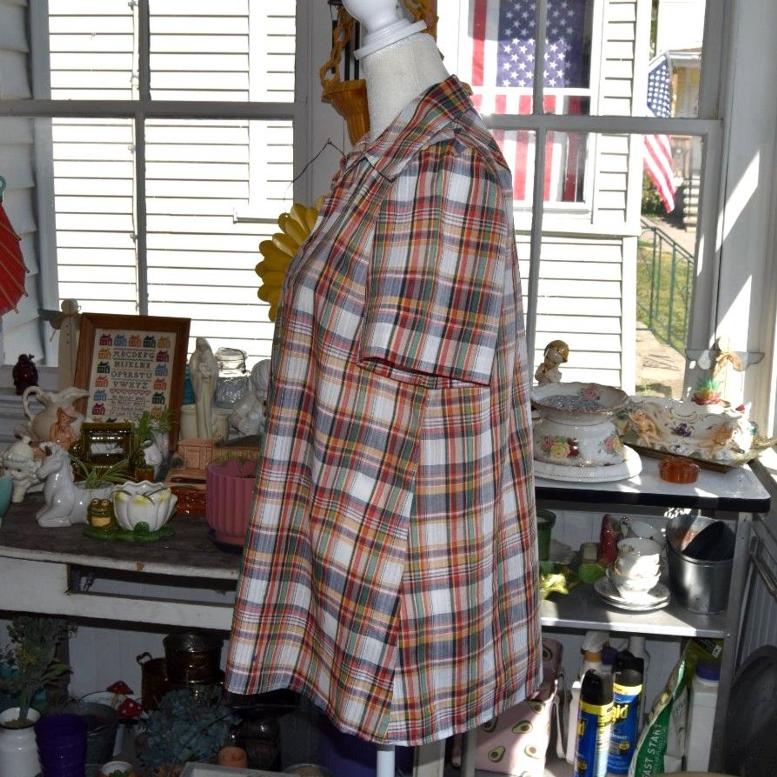 Vintage 1970s Plaid Cotton Blouse Empire Yoke Top Prairie Folk Shirt Medium
