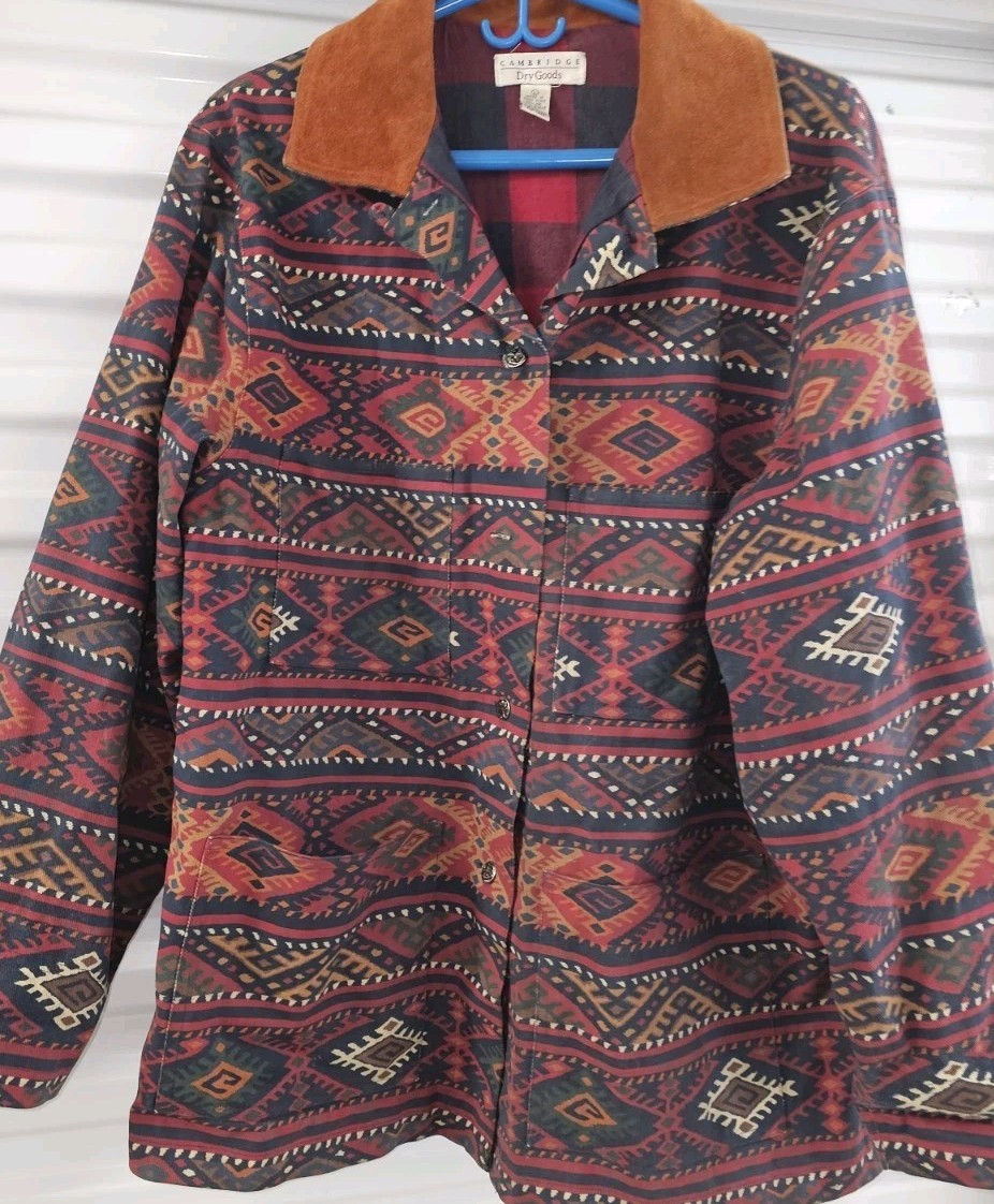 Cambridge Dry Goods Southwest Aztec Jacket Flannel Lined Suede Geometric 1980s