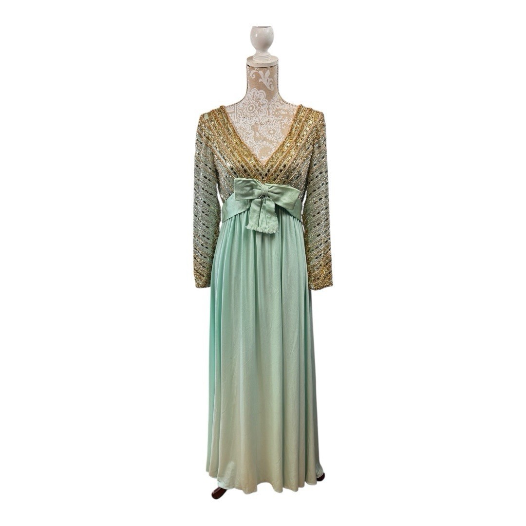 Vintage 60s 70s Turquoise Victoria Royal Beaded Cocktail Dress Maxi Size 12 S