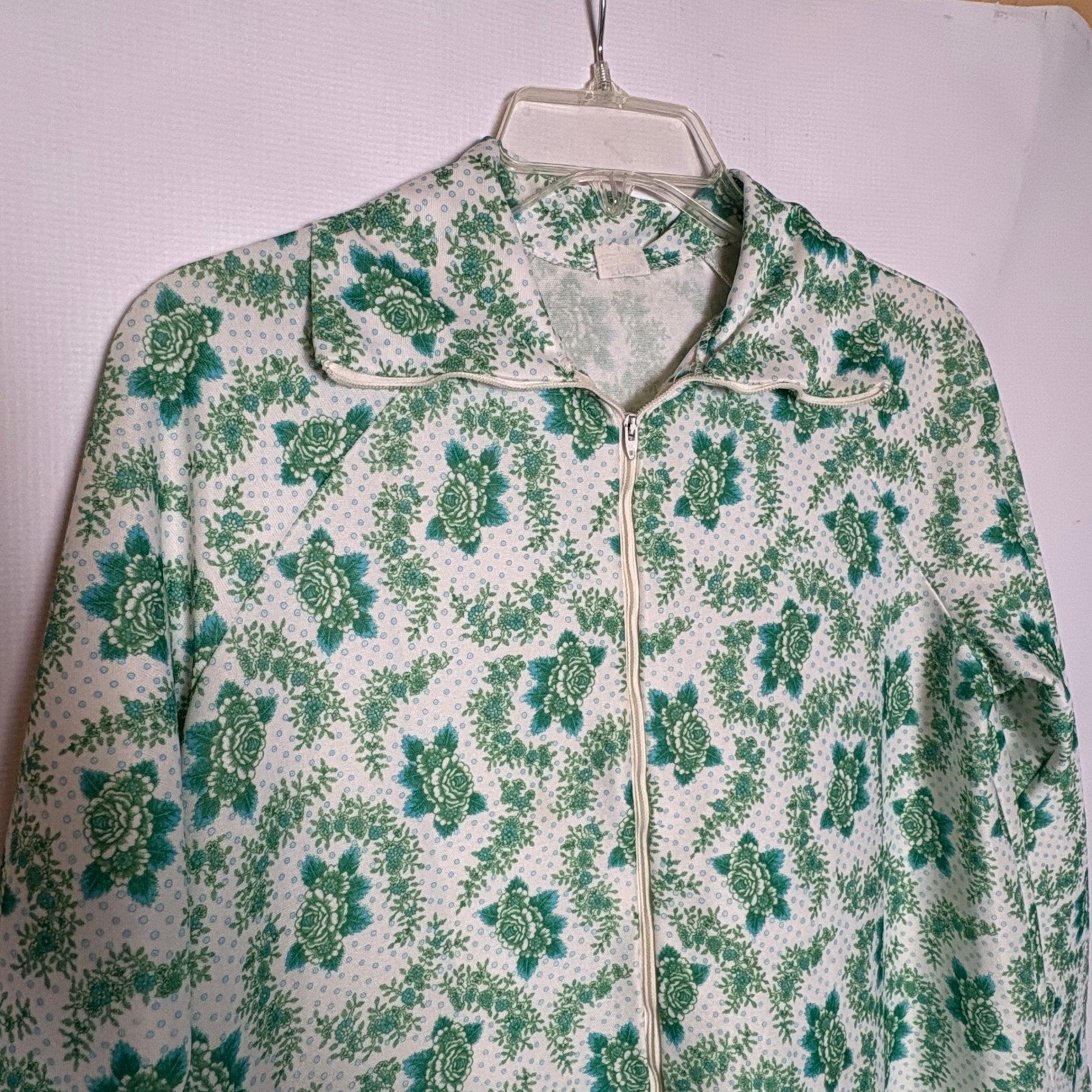 Vintage Elaine Sklar Green Floral Zip Front Maxi Robe Housecoat Pocket Small