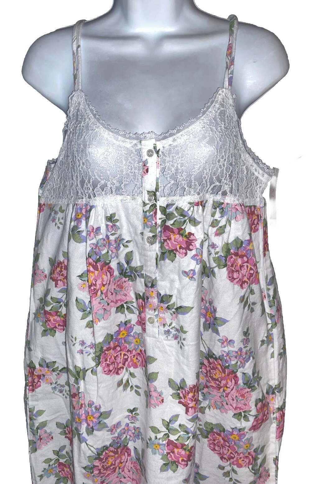 VTG Body Drama Floral Prairie Cotton Flannel & Lace Sleeveless Nightgown M NWT