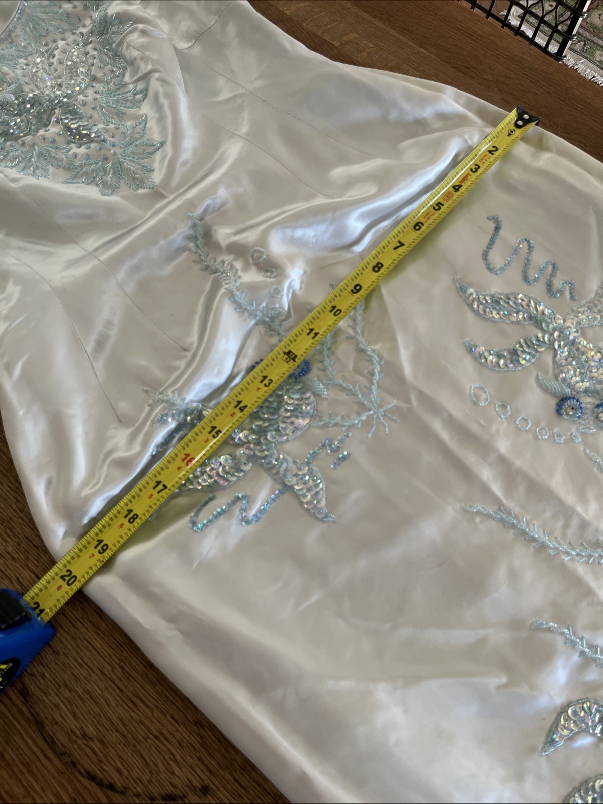 VTG 50/60s Satin Hand Beaded Sequin Light Blue Sheath Dress Sz Small Fish Koi
