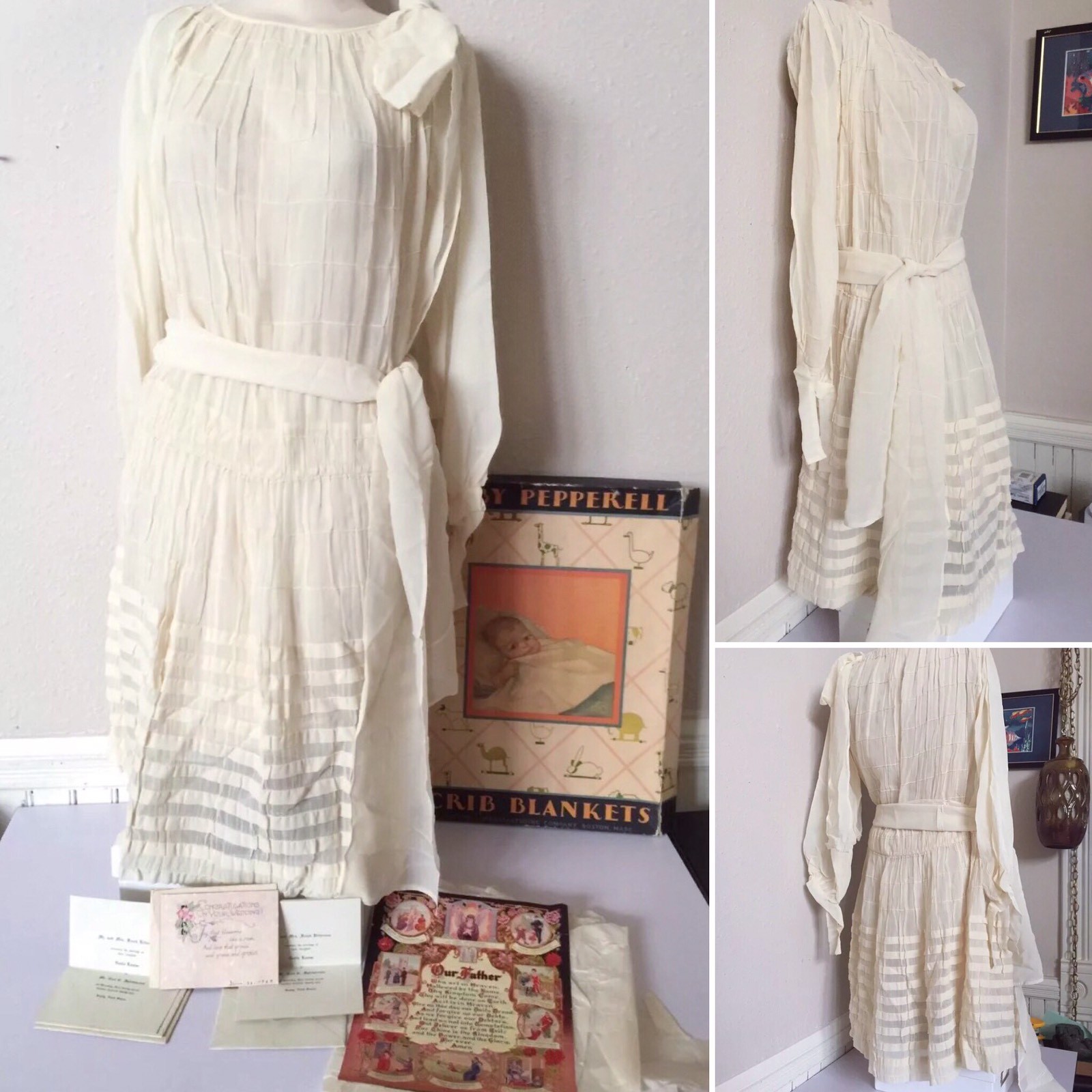 ART DECO 1920’s ANTIQUE CREAM FRENCH COTTON LIGHT SHEER FLAPPER DRESS WEDDING