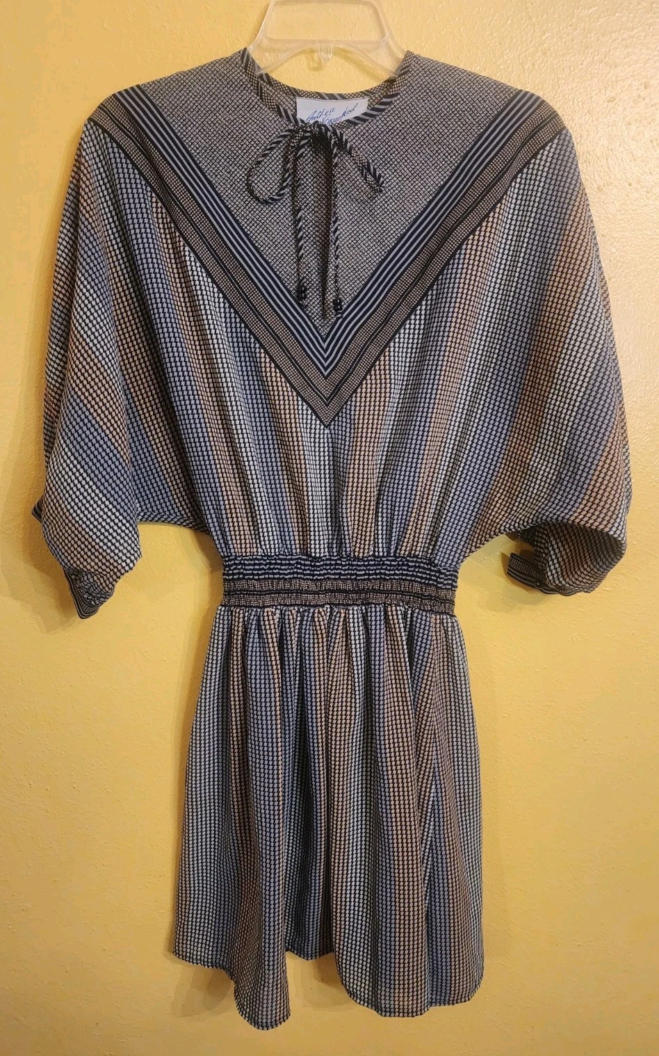 Vintage DRESS UNIQUE Mini Dolman Tie V-Neck Black Blue Houndstooth Stripe S-Med
