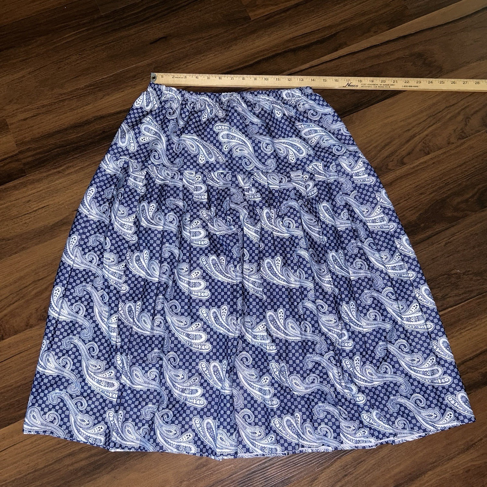 VINTAGE Earth Angel Paisley Pleated Skirt & Blouse Set USA Made Blue White 16W