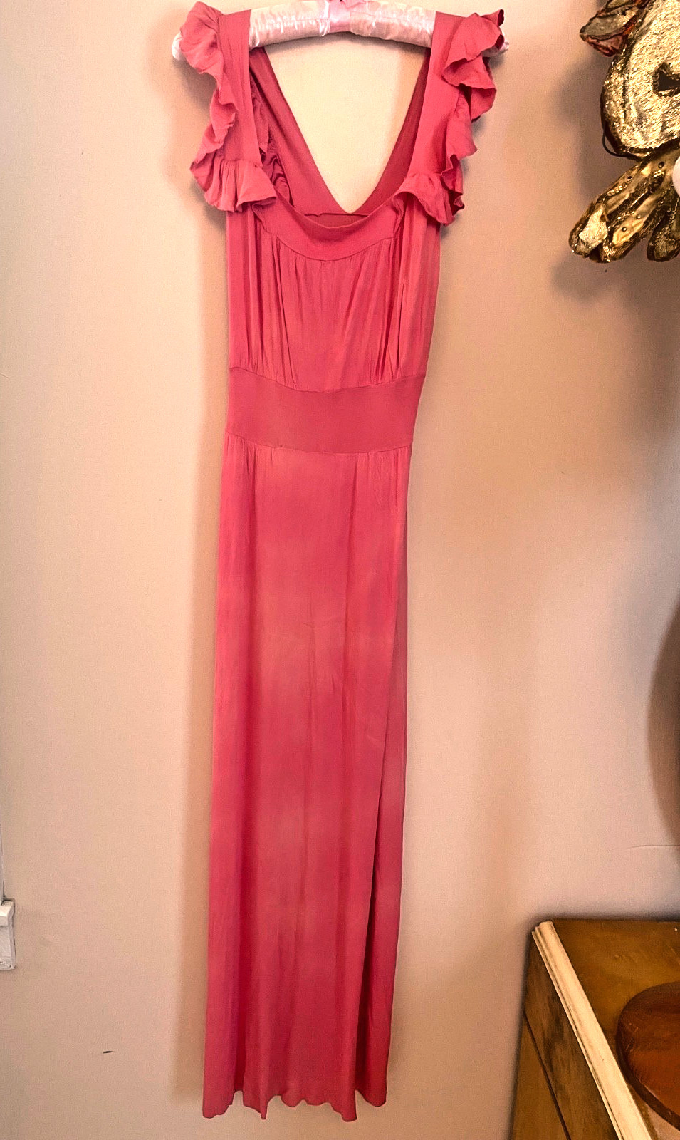 Vtg 1940s Raspberry Rayon Nightgown Dress Ruffles 40s Wounded Bird