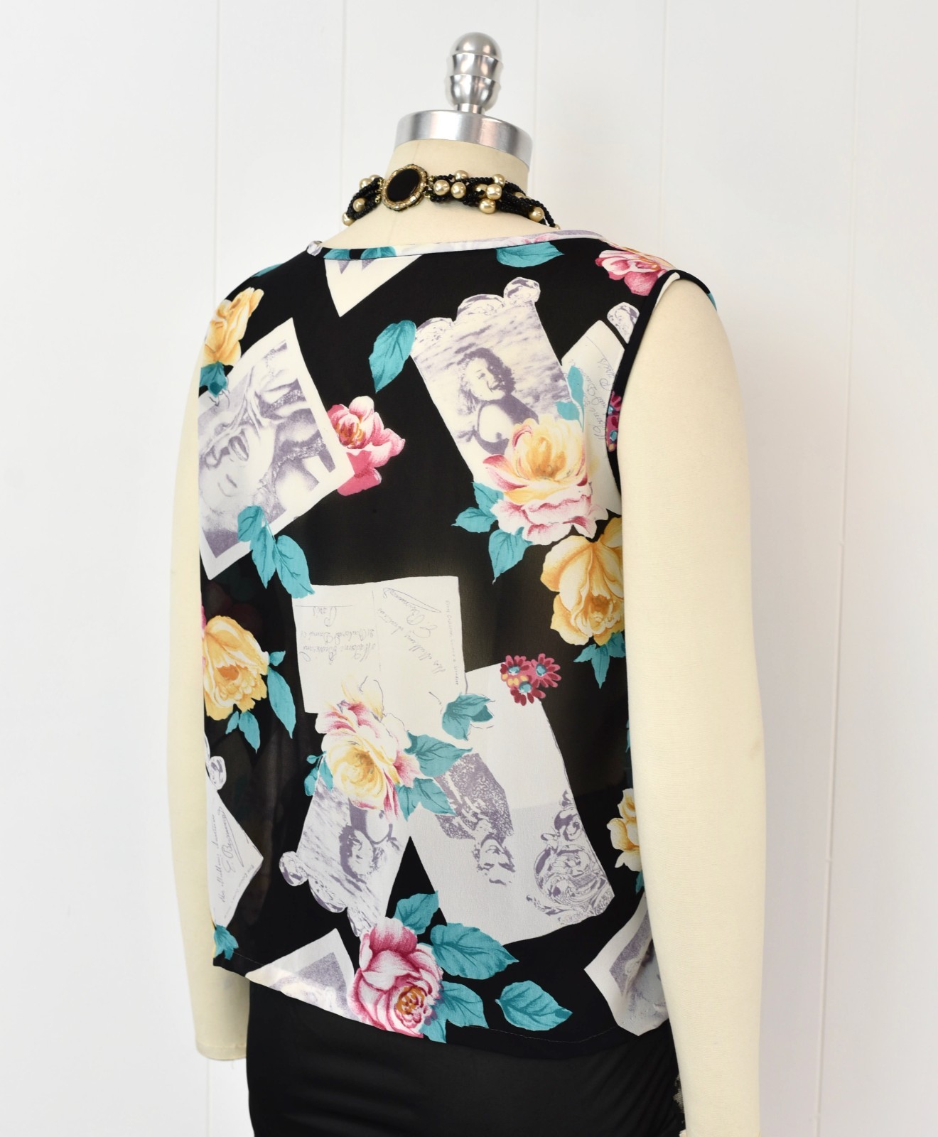 Vintage Marilyn Monroe Novelty Print Floral Black Sheer Lingerie Top Robe Set