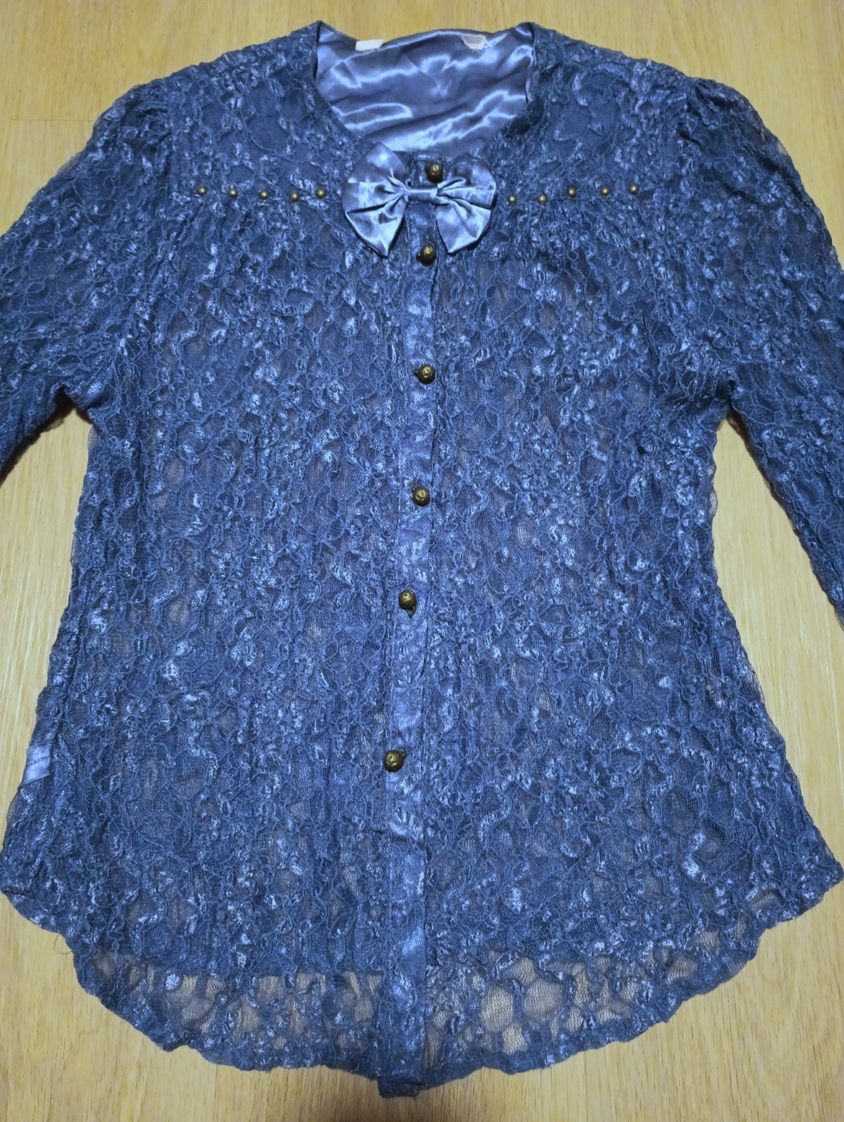 Vtg 80s Sheer Stretch Chantilly Lace Cornflower Blue Beaded Open Front Top M