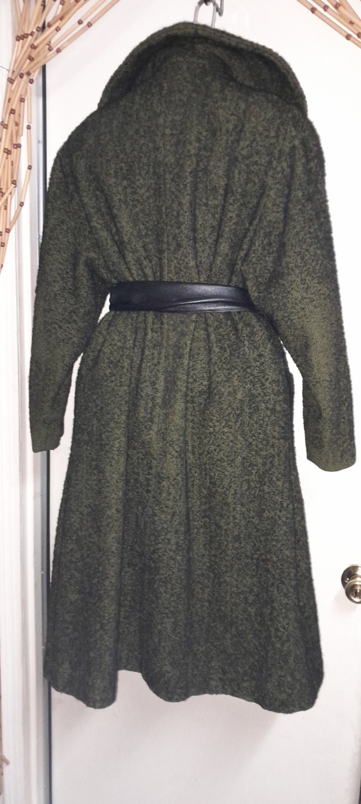 Vtg 50s 60s Green Tweed Knob Black Flecked Swing Opera Wool Shawl Collar Coat M