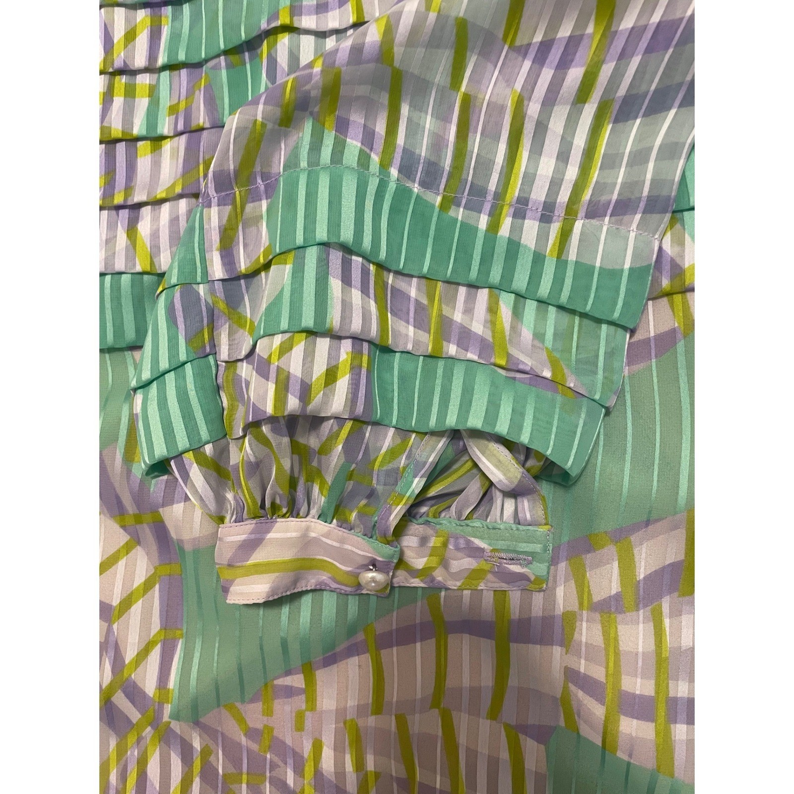 Vintage Oleg Cassini Silk Blouse Size 8 Pastel Print Puff Sleeve Sheer Top