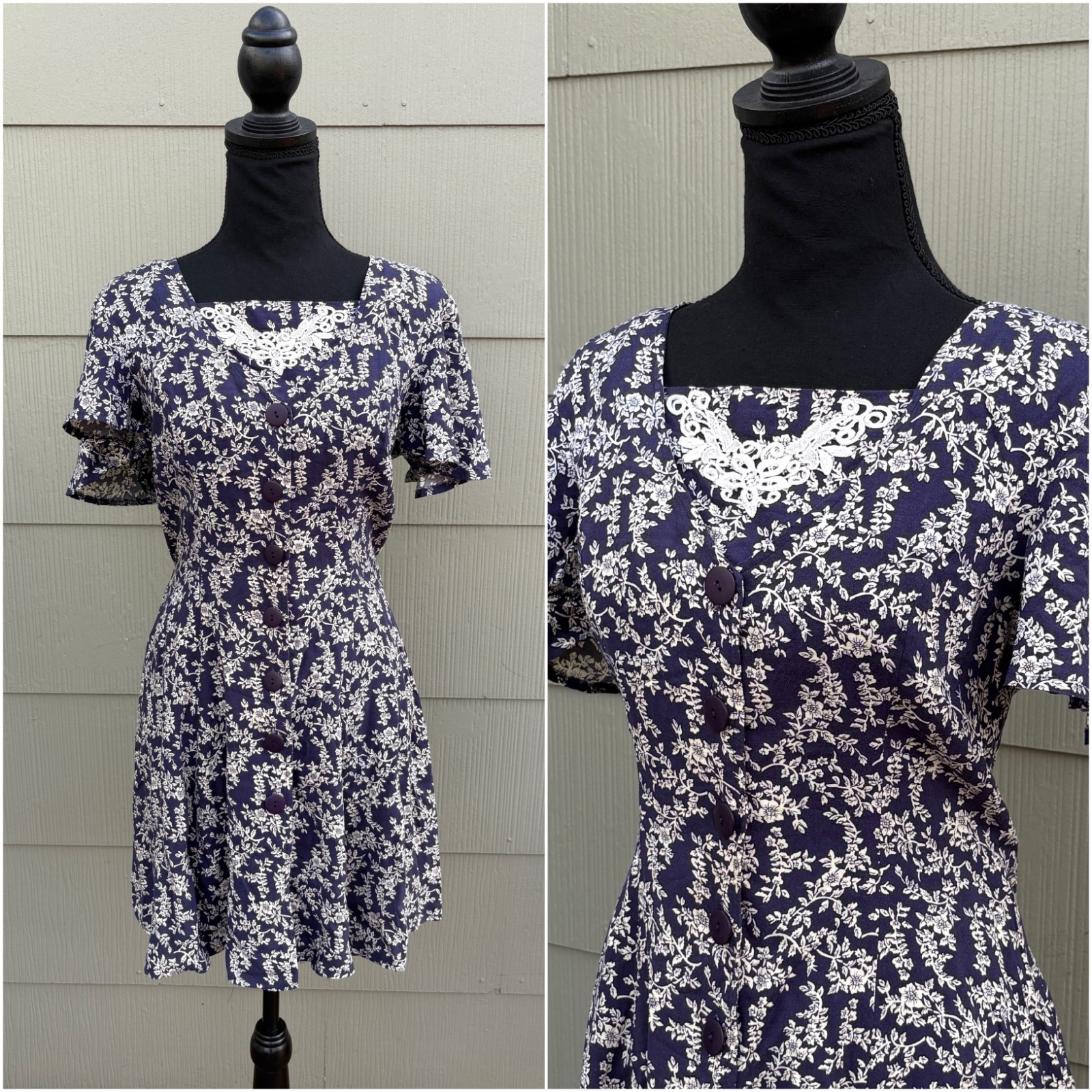 vtg JAMIE BROOKE 90s Fairy Whimsical Dark Floral Button Down Rayon Skater Dress