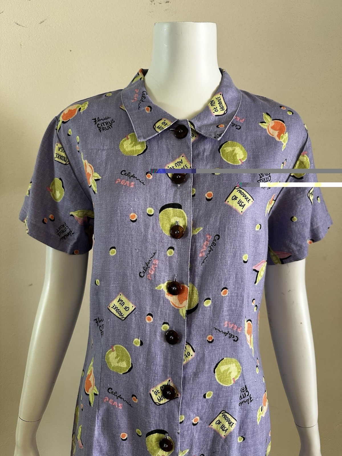 Vintage 90s Linen Novelty Citrus Fruit Shirt Dress Purple Button Front Kiko S M