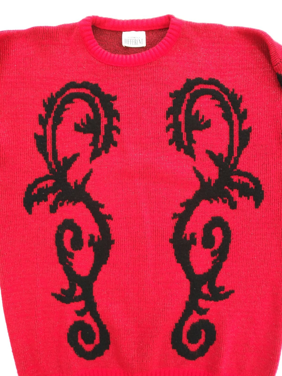Vintage DISTINCTLY DIFFERENT Floral Shiny Red and Black Sweater Size L/XL EUC