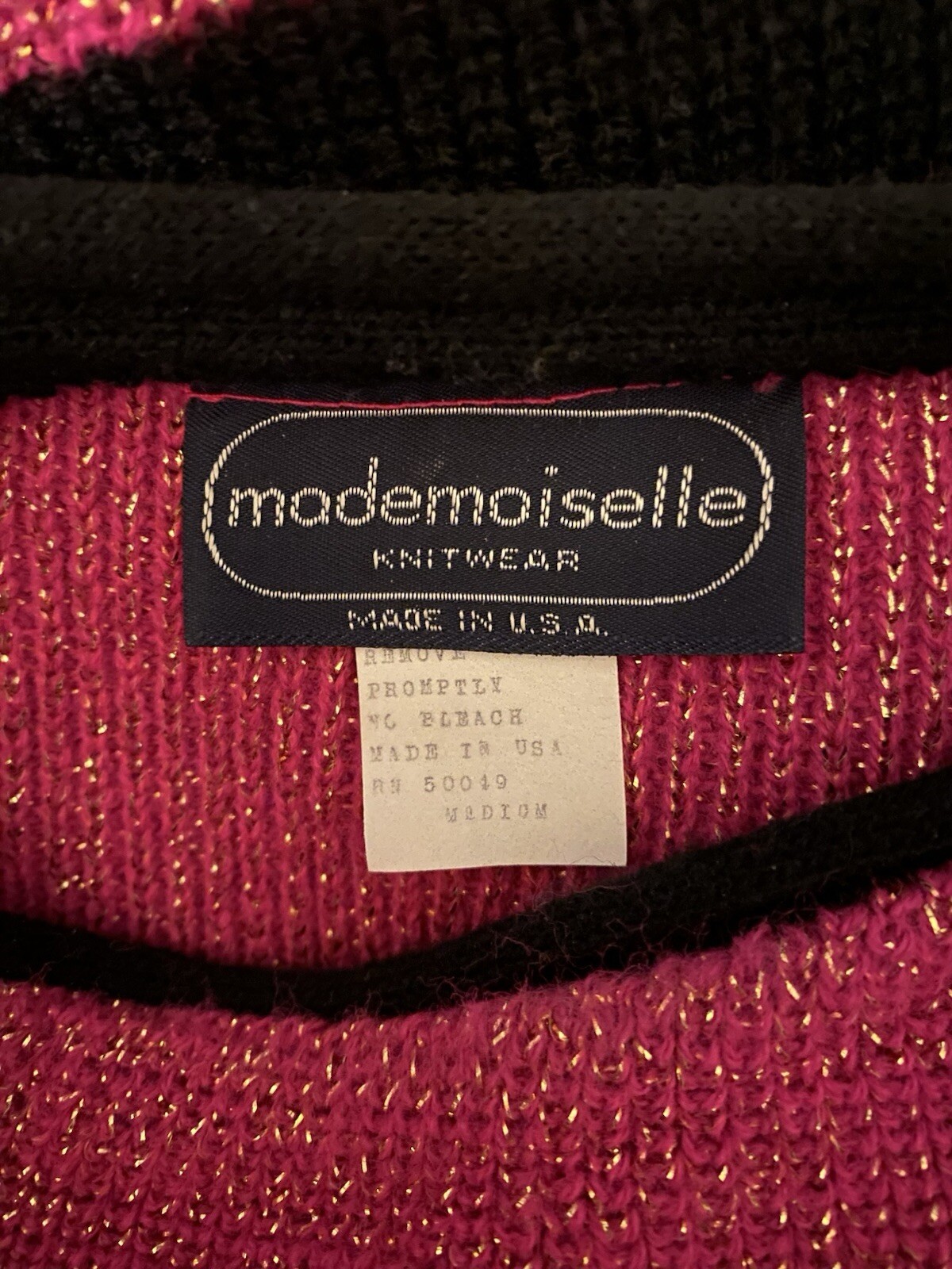 Vtg 80s Women Sweater Mademoiselle Med Hot Pink Black Stripes Gold Threading