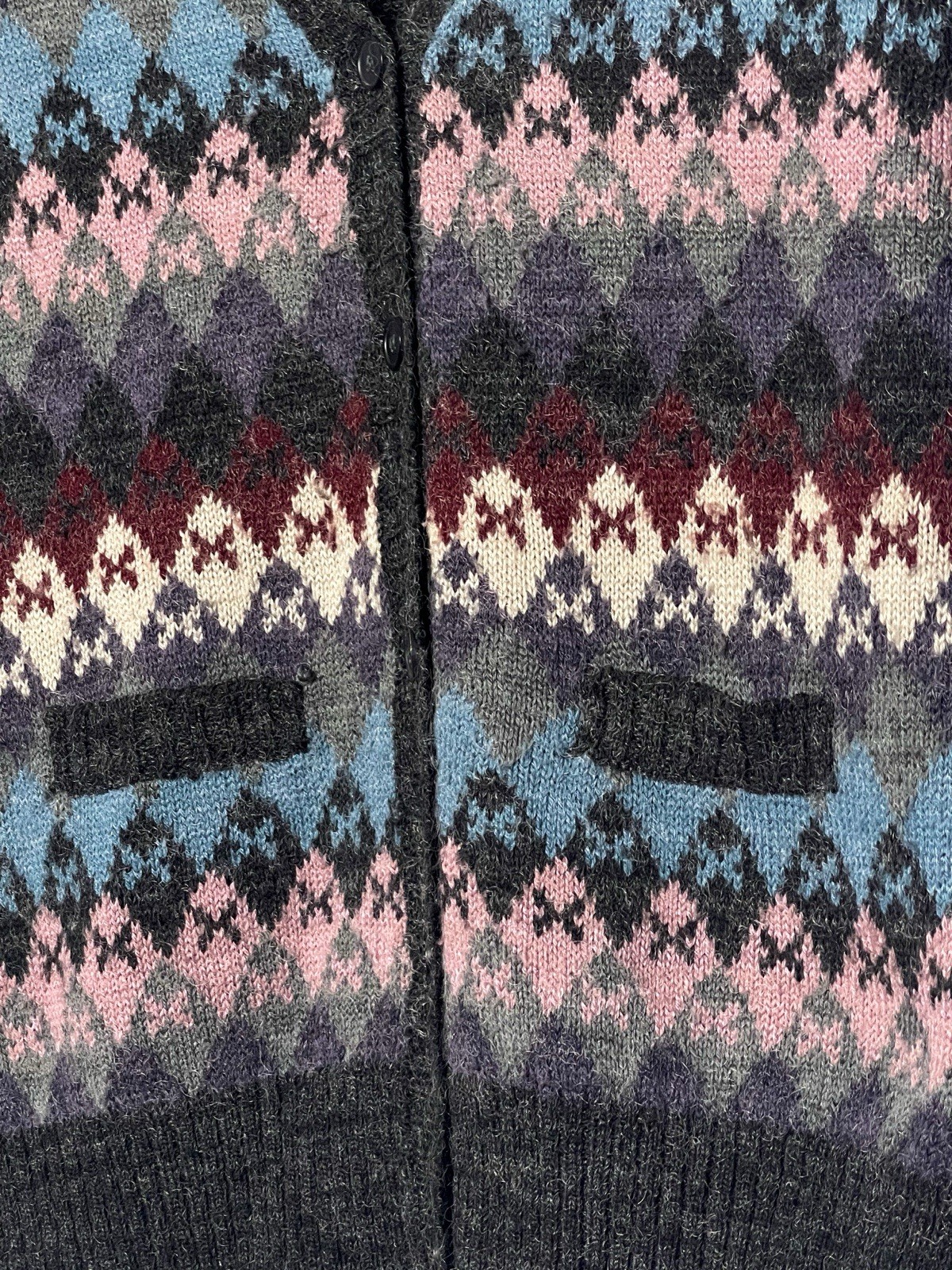 Vintage 80’s Loubella Gray Argyle Knit Cardigan Sweater Size L