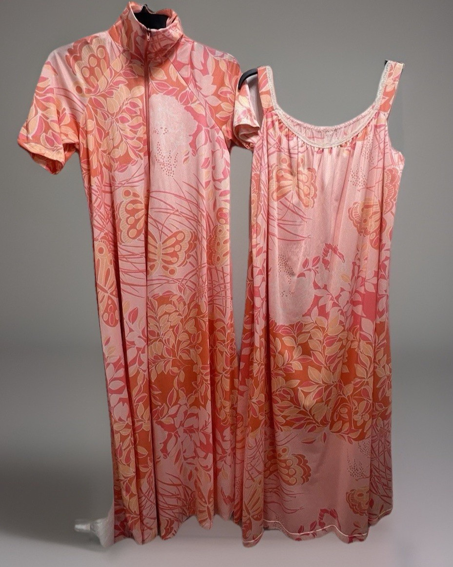 Vintage 70s Miss Elaine Mori Butterfly Floral Peignoir Set Nightgown Robe SZ SM