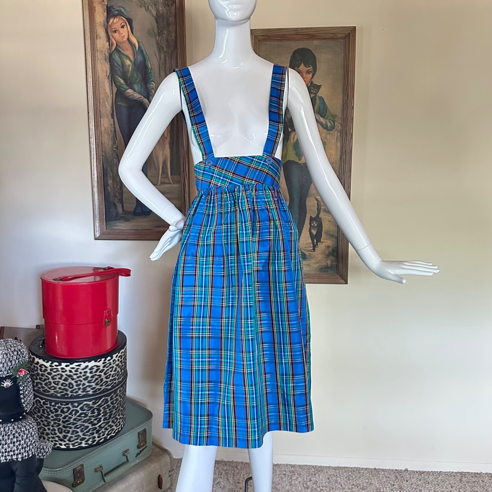 Vintage 1980s Preppy Punk School Uniform Plaid Suspender Jumper Skirt Dress S