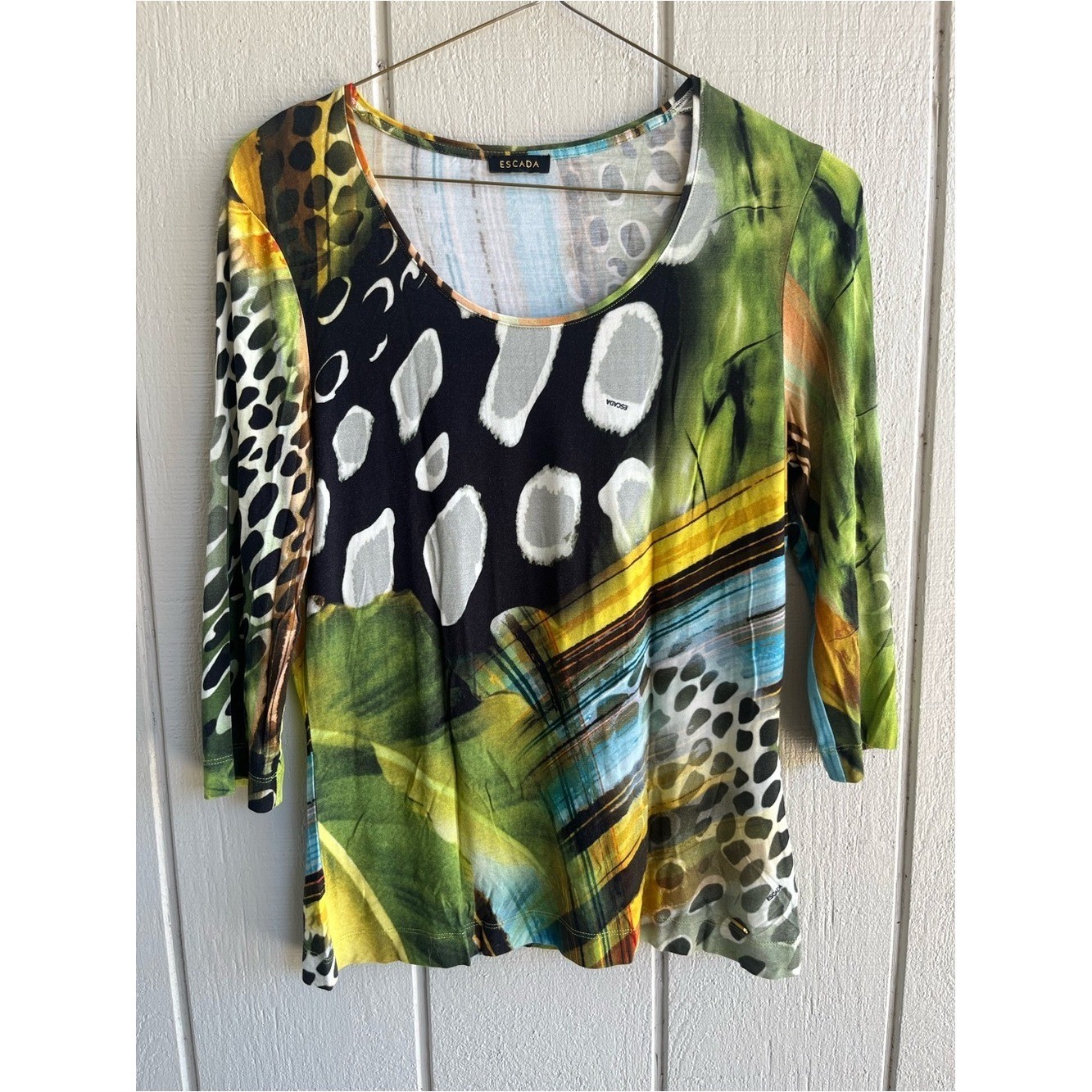 Escada Vintage Abstract Print 3/4 Sleeve Stretch Jersey Top
