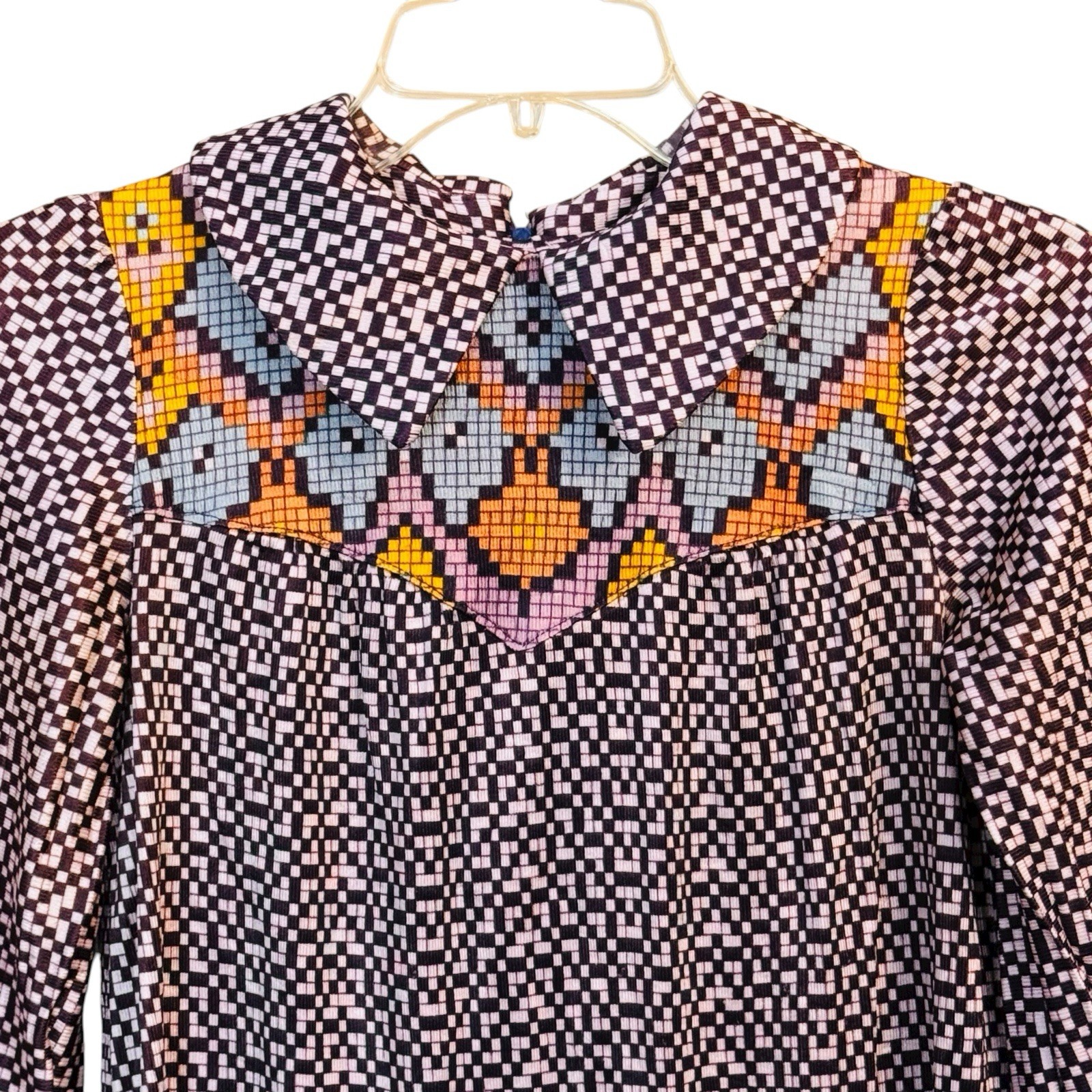 60s Vintage Mini Go Go Mod Geometrical Print Dagger Collar Twiggy Shift Dress S