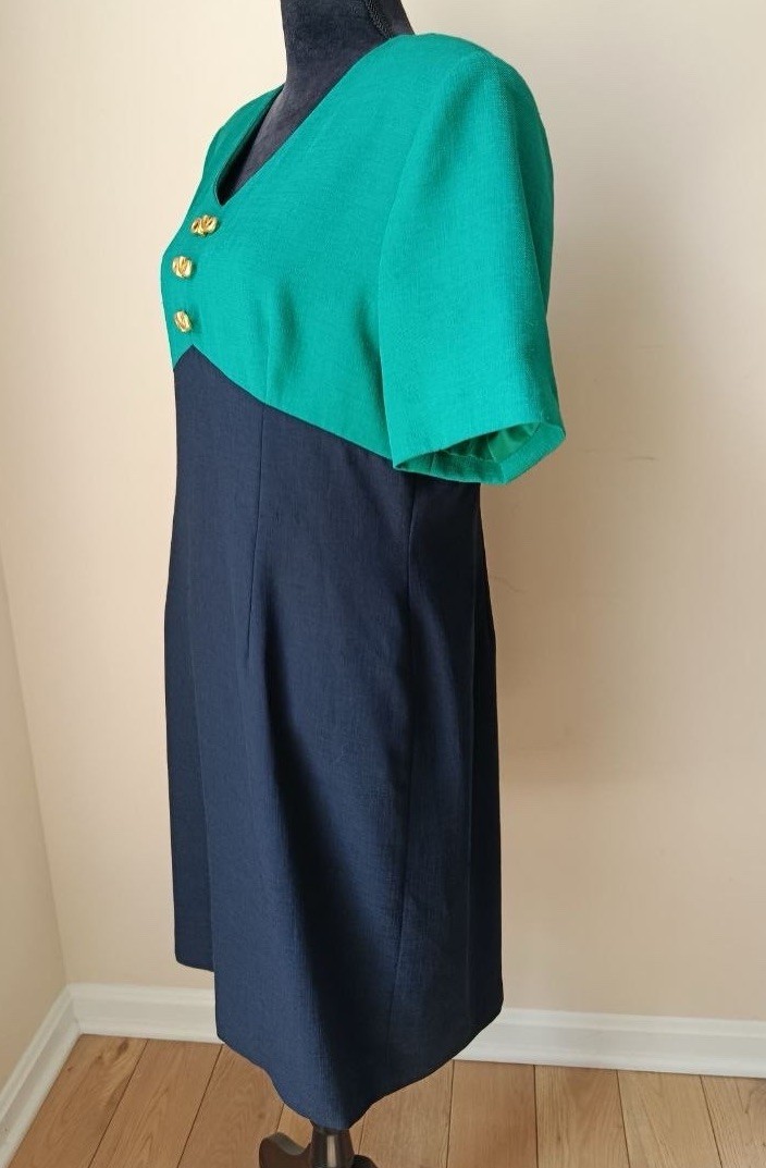 VTG Kasper for ASL Dress 14P Colorblock Gold Accent Short Sleeve Sheath Work