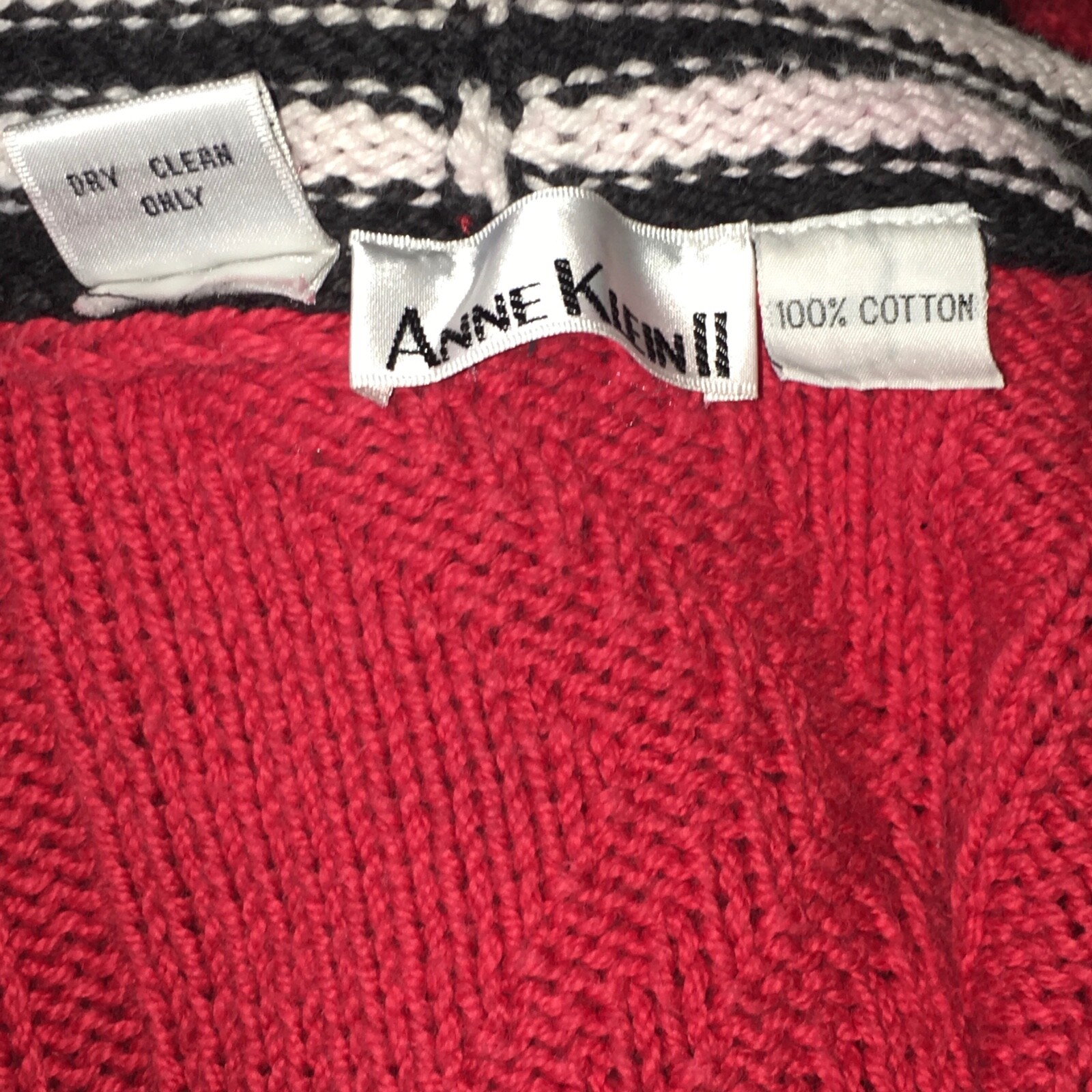 VTG 90s Anne Klein Sweater Sz Large Red White Black Pom Pom Oversize Cable Knit