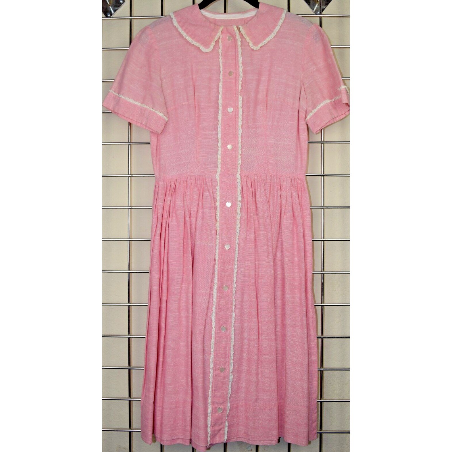 Vintage Midi Dress Size S/M 50s Cotton Candy Pink White Lace Trim Heart Buttons