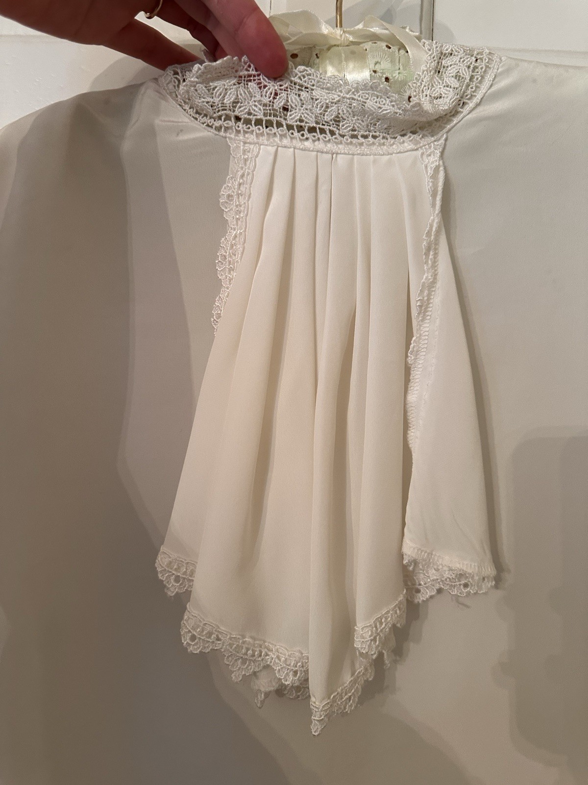 Vtg Victorian Cottagecore Flowy Lace Mock neck Ruffle Blouse Ivory Top 10 M L