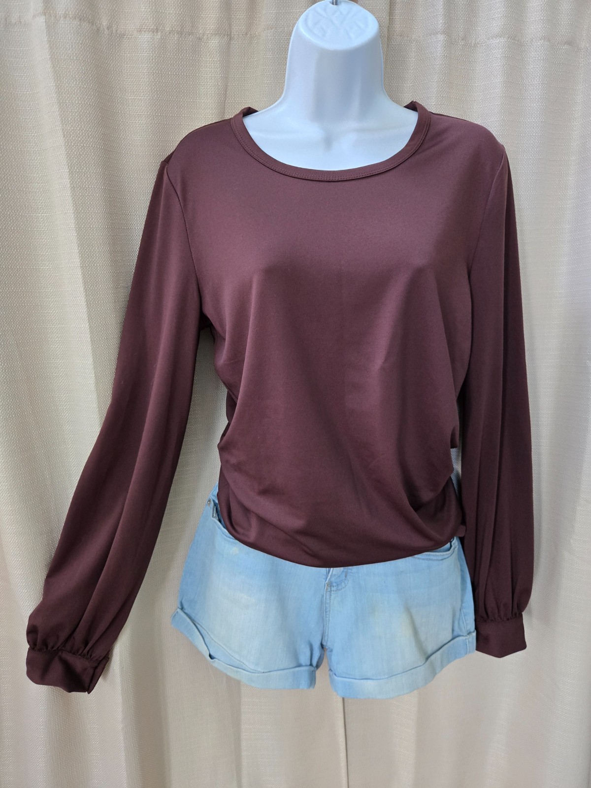 Vtg Newport News Retro Mod Style Casual Dressy Brown Stretch Bishop Sleeve Top M