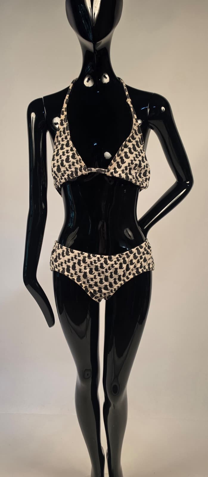 VINTAGE 1970’S BLACK KITTY CAT PRINT BIKINI BATHING SUIT SWIMSUIT