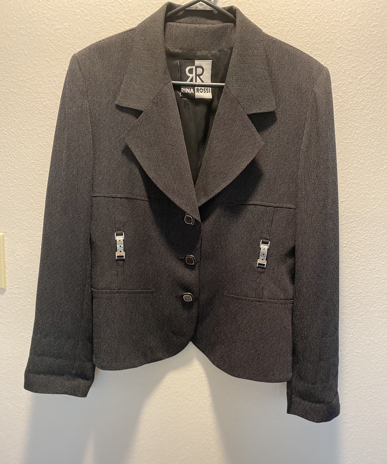 Rare Vintage 90s Rina Rossi Blazer Jacket Black/White Pin Dot Buckles size 10