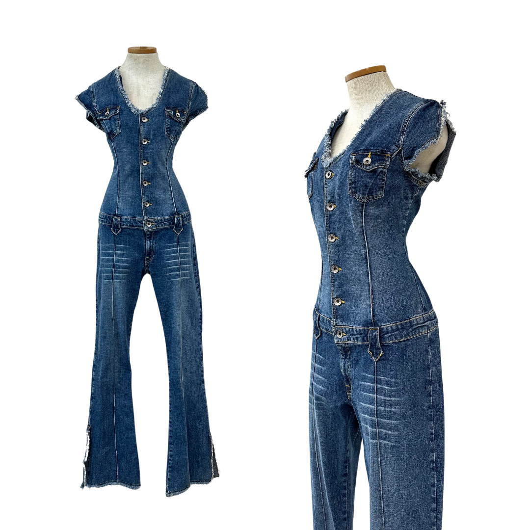 Vtg 90s 00s 2000s Y2K Era JNCO Distressed Flare Low Rise Jumpsuit