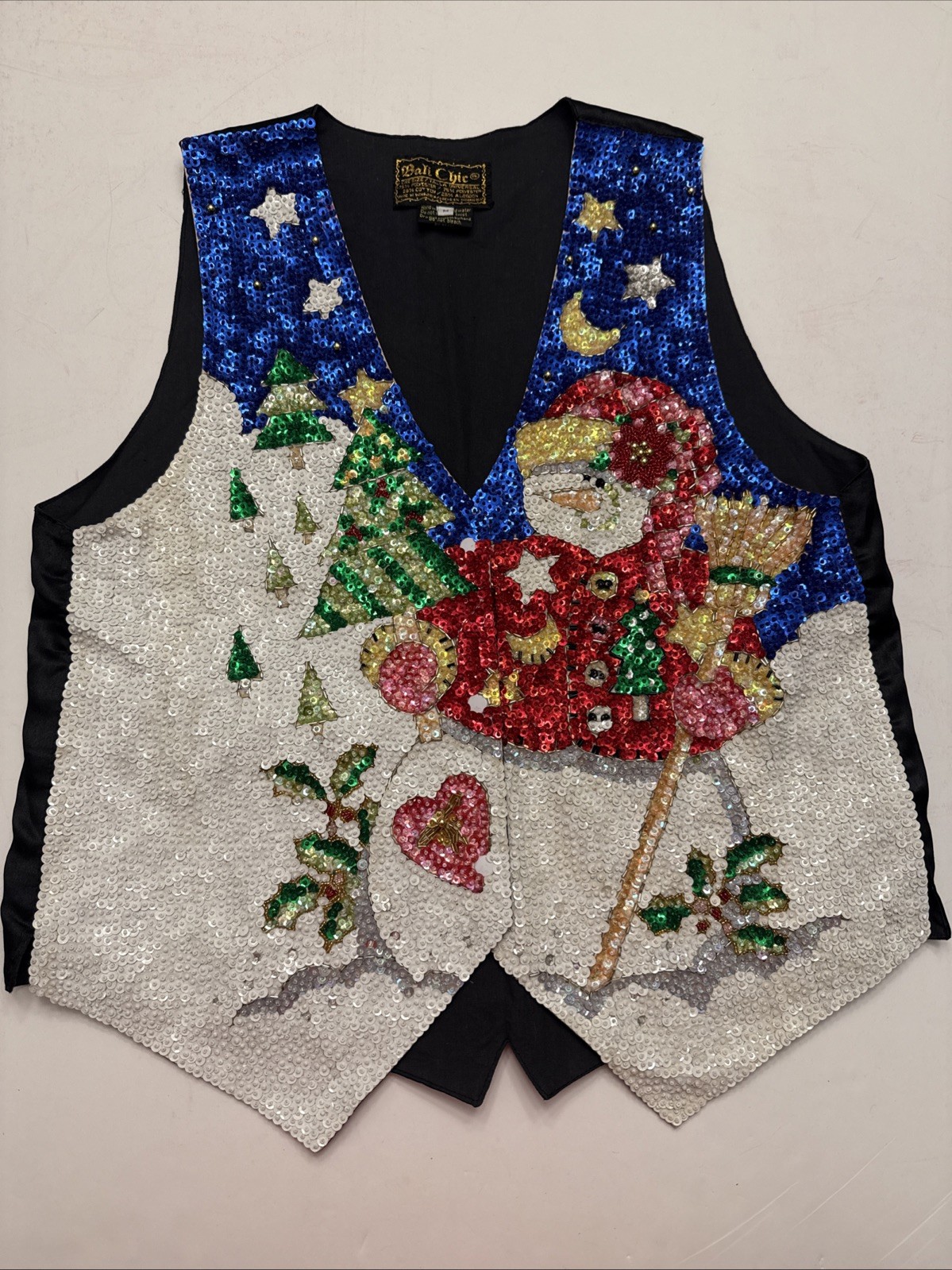Vintage BALI CHIC Full Sequin Vest Women’s M Beaded Snowman Holiday Sparkly
