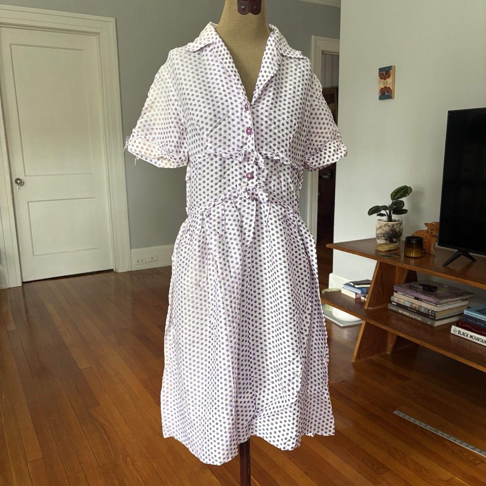 Vintage 1950s 60s Purple Polka Dot Dress As Is Faded Worn Lightweight