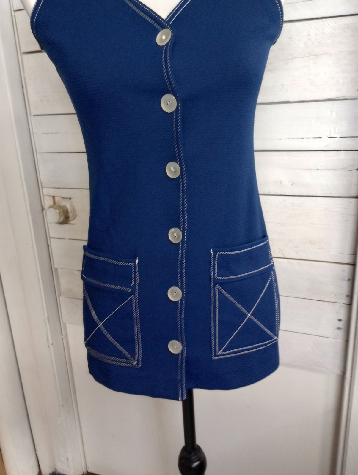 Vintage 70s Women’s Blue Vest Top Size Small Pockets Button Up Disco Boho