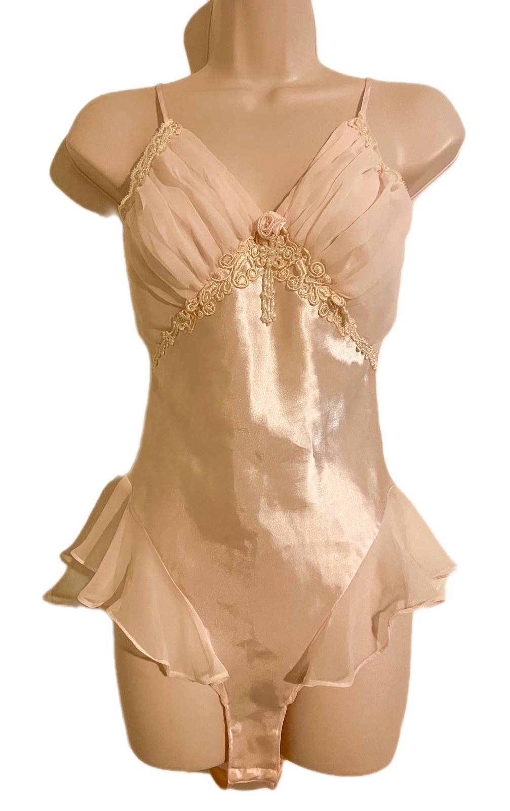 Vintage 90s Delicates Blush Pink Satin Teddy Bodysuit Lace Silky Lingerie Sz S
