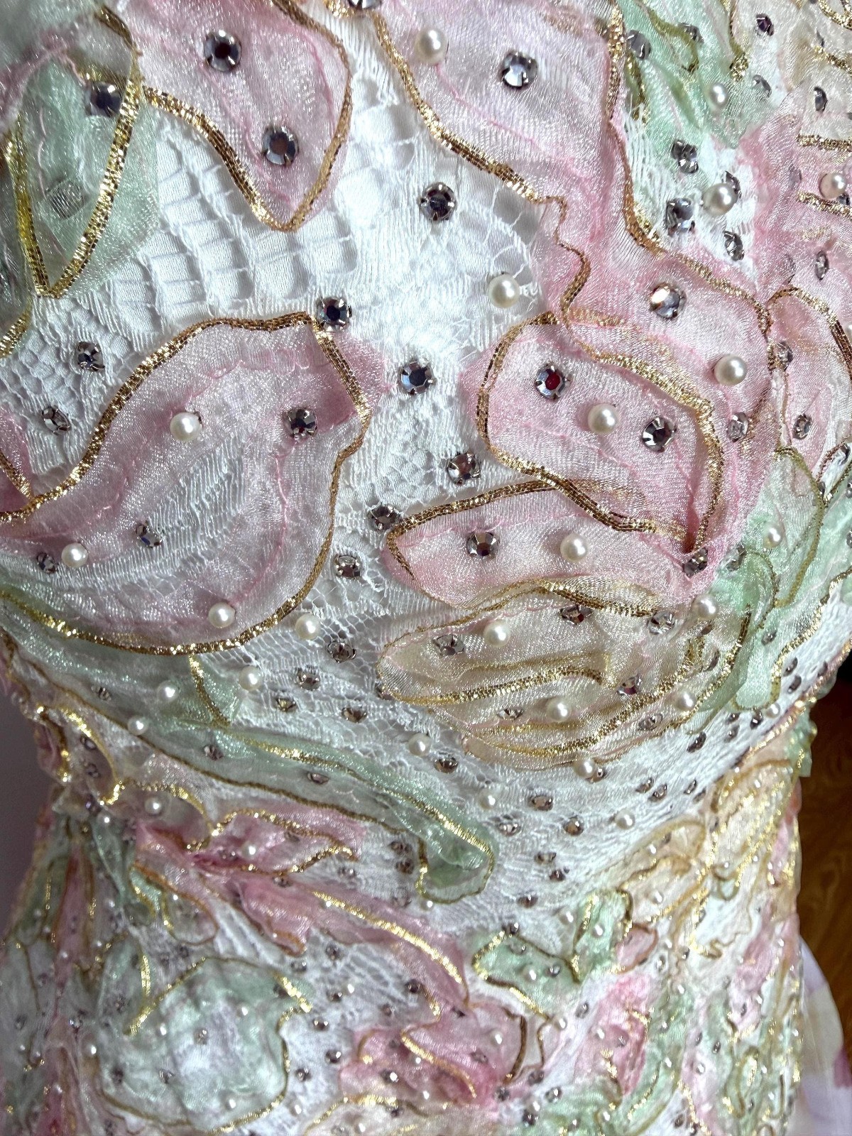 Vintage 80s Rose Taft Couture Fashions gown pastel beaded strapless with bolero