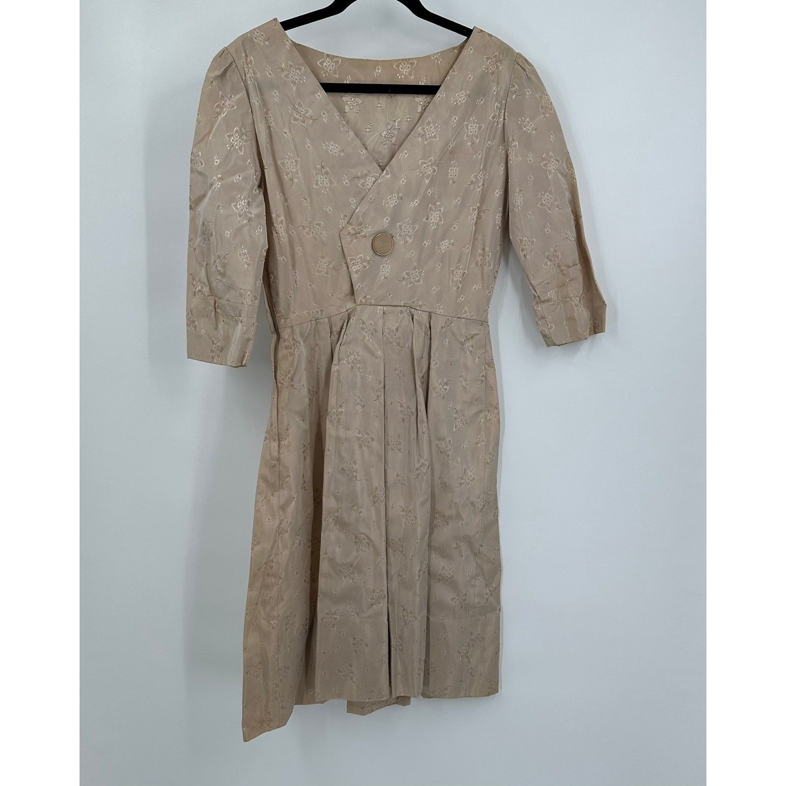 Womans Vintage 1960s Handmade Dress Size L Champagne Brocade Fit Flare Midi