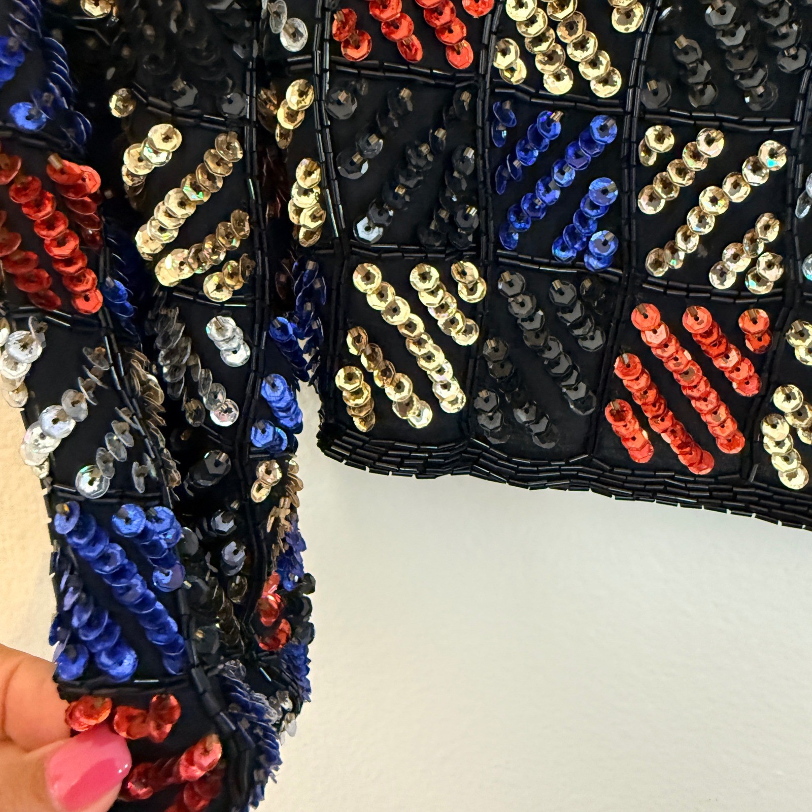 Vintage 80s Laurence Kazar Sequin Beaded Silk Jacket Black Red Blue Gold Small