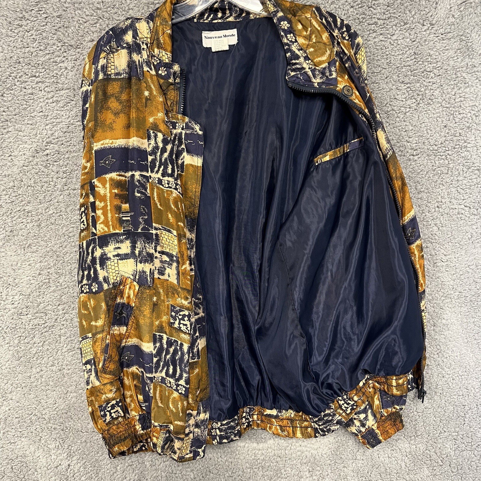 VTG 80s Nouveau Monde Jacket Size XL 100% Silk Bomber Pocket Zip Abstract Print