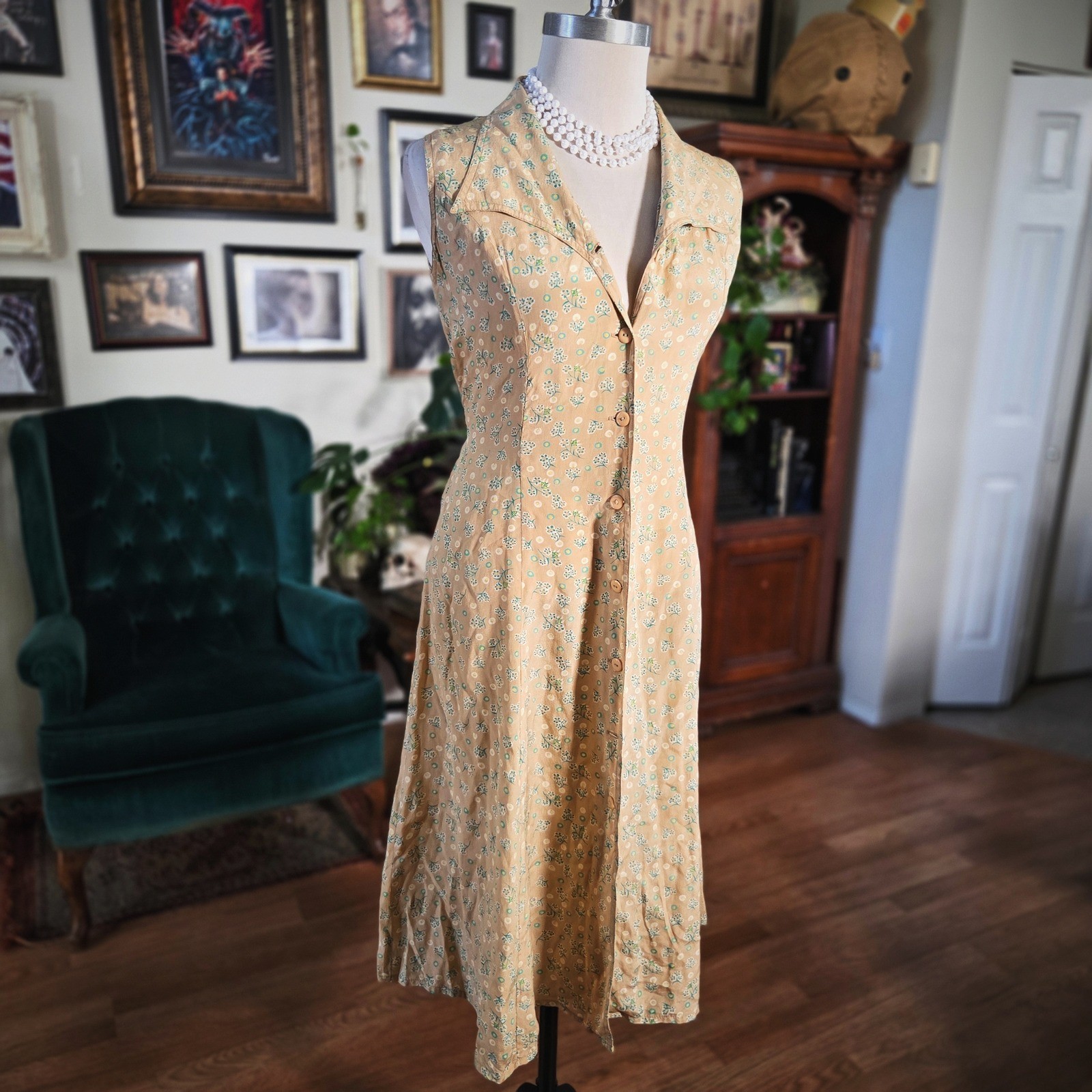 Vintage 40s Tan Silk Floral Day Dress Button Front Tea Dress WWII Era