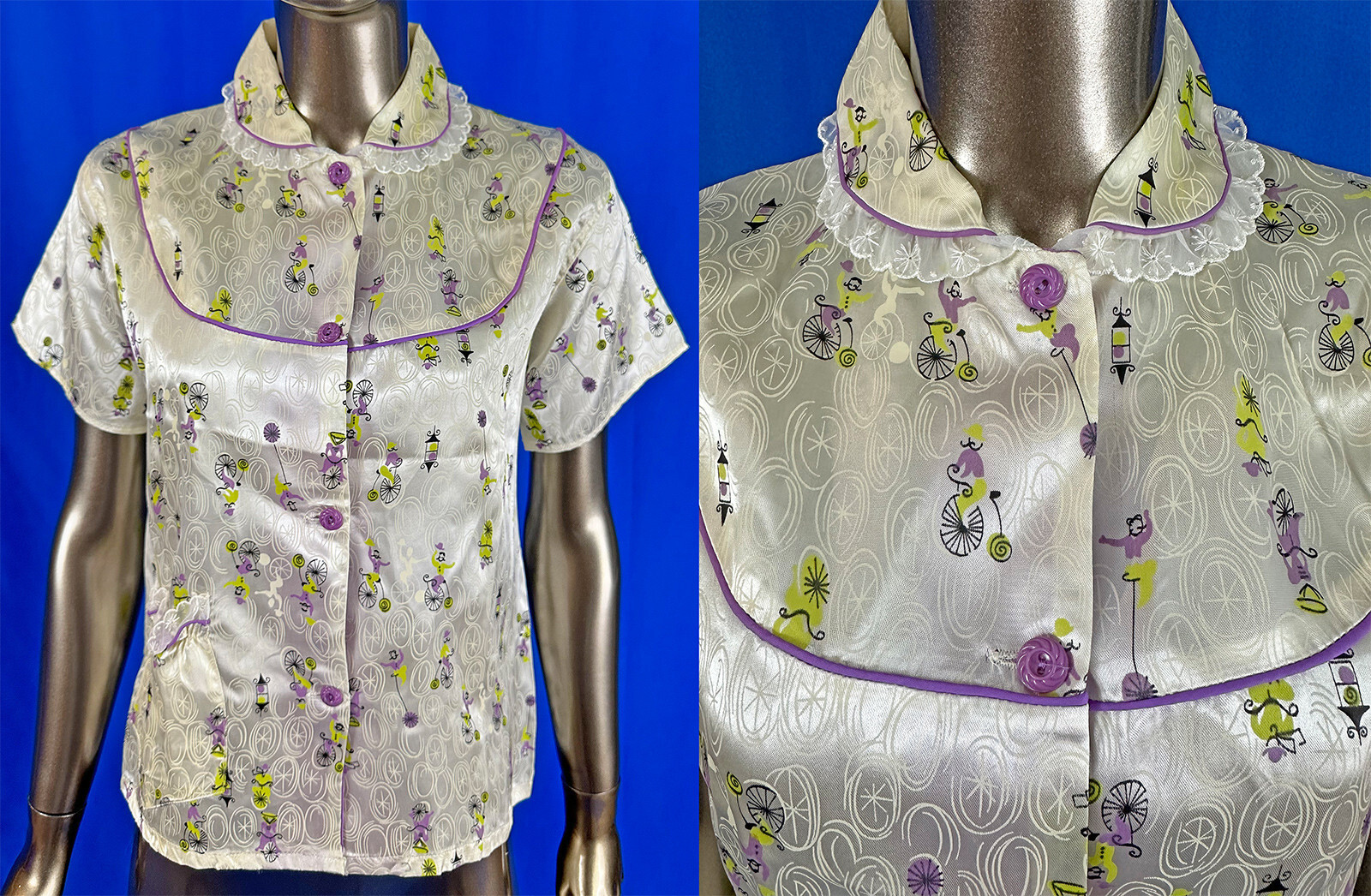Vintage Dream Wear 1950 Penny-farthing Unicycle Bicycle Novelty Print Pajama Top