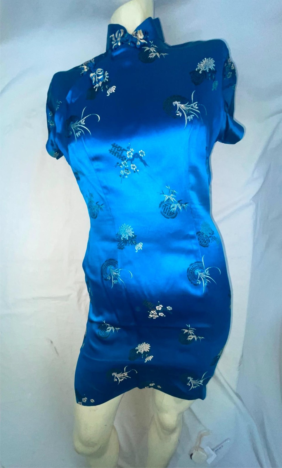 VTG 60S WOMENS S BLUE ASIAN ORIENTAL SHORT MINI SATIN SILK QIPAO CHEONGSAM DRESS