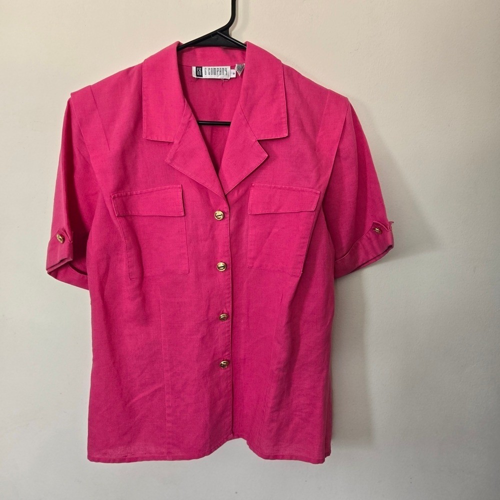 Bright Pink Gold Crown Button Blouse 80s Vintage Ramie Cotton Blend. Cuff Sleeve