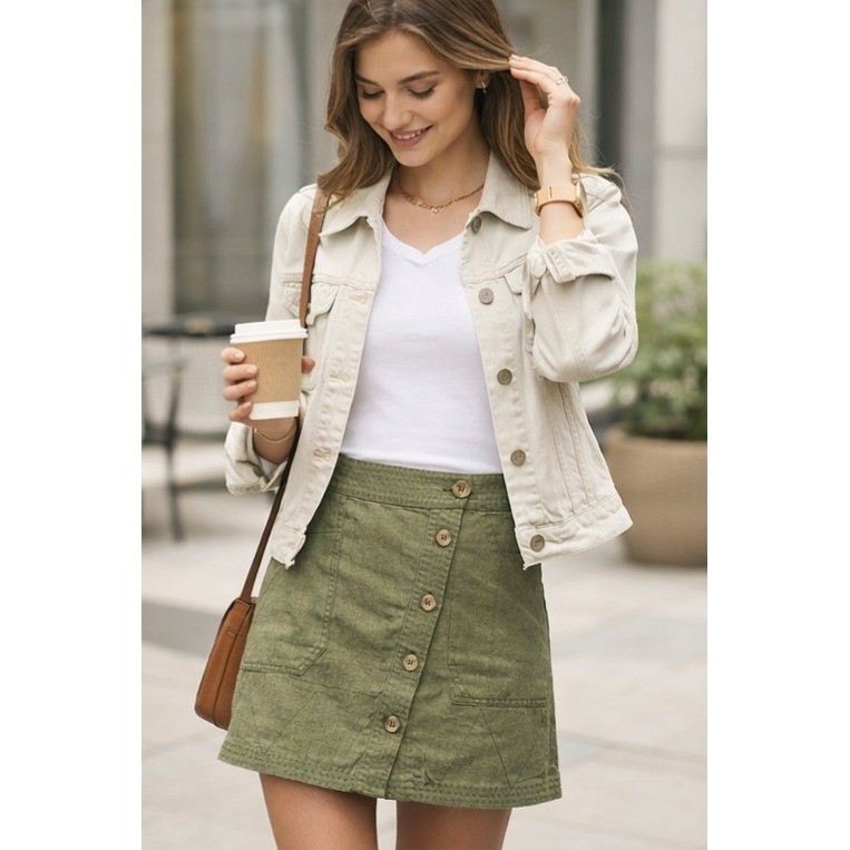 ANTHROPOLOGIE Olive Green Button Front Mini Skirt Size US 2 Utility Style